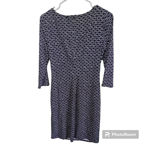 Eliza J 3/4 Sleeve Lined Side Ruched Dress Navy/White Size 8 - Picture 2 of 7